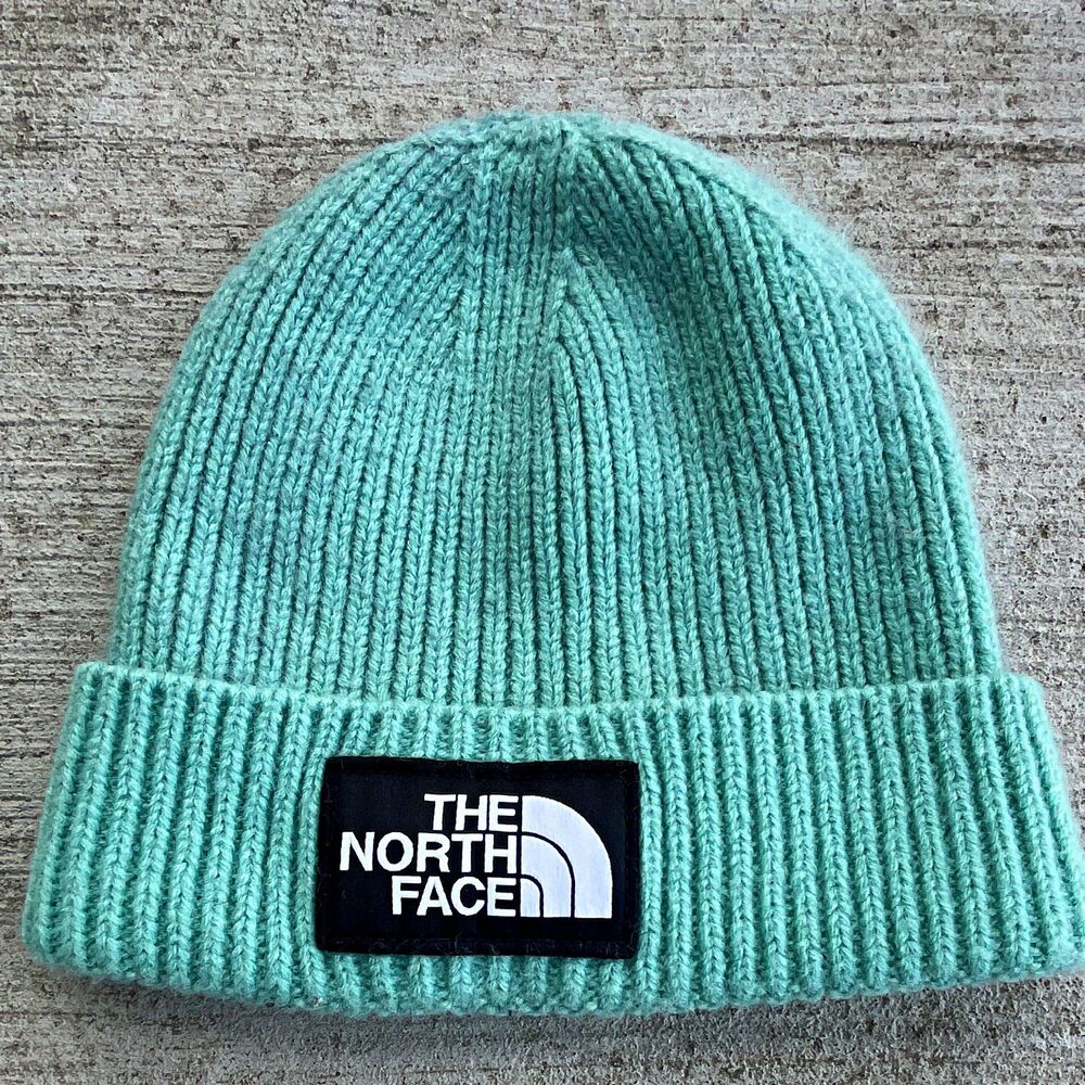 The North Face Light Blue Green Knit Beanie Hat Logo Gorpcore Cozy Cabin Ski
